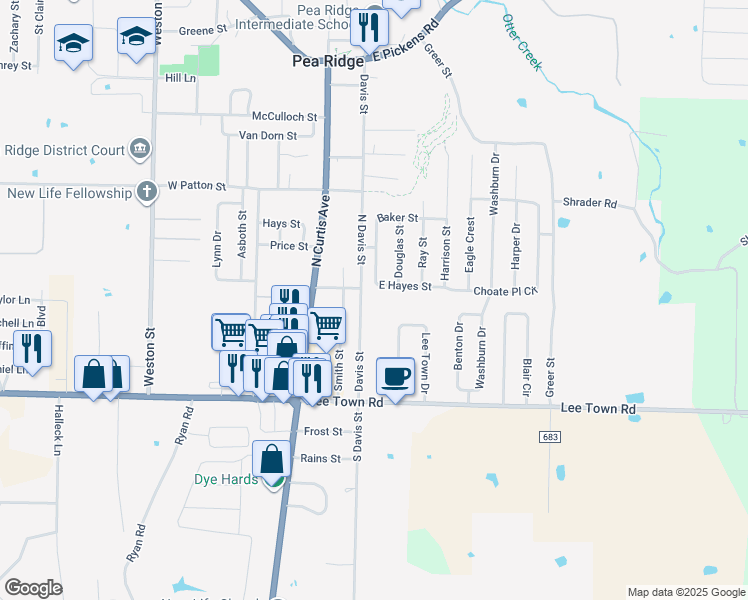 map of restaurants, bars, coffee shops, grocery stores, and more near 452 North Davis Street in Pea Ridge