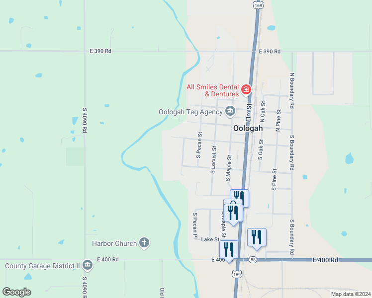 map of restaurants, bars, coffee shops, grocery stores, and more near 230 South Walnut Street in Oologah