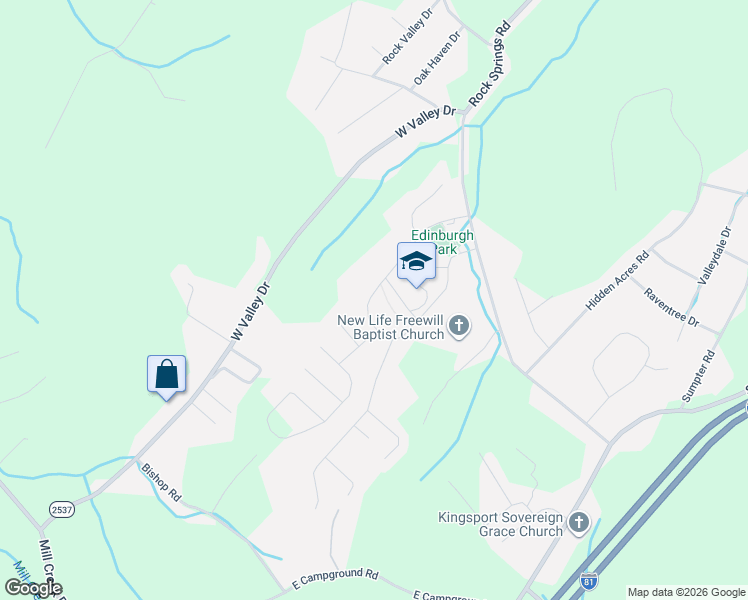 map of restaurants, bars, coffee shops, grocery stores, and more near 2413 Edinburgh Channel Road in Kingsport