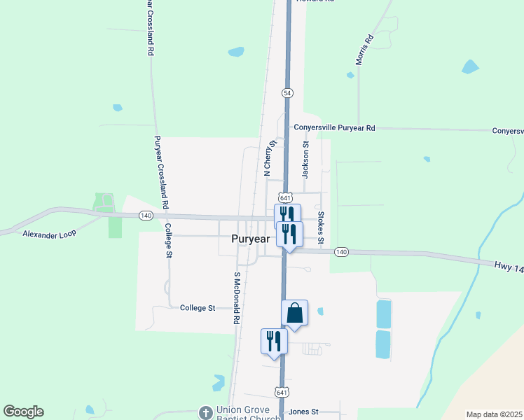 map of restaurants, bars, coffee shops, grocery stores, and more near 200-210 N Cherry St in Puryear