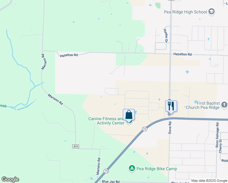 map of restaurants, bars, coffee shops, grocery stores, and more near 10511 Hazelton Road in Pea Ridge