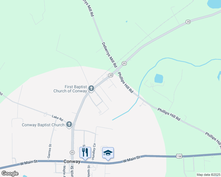 map of restaurants, bars, coffee shops, grocery stores, and more near 304 Field Drive in Conway