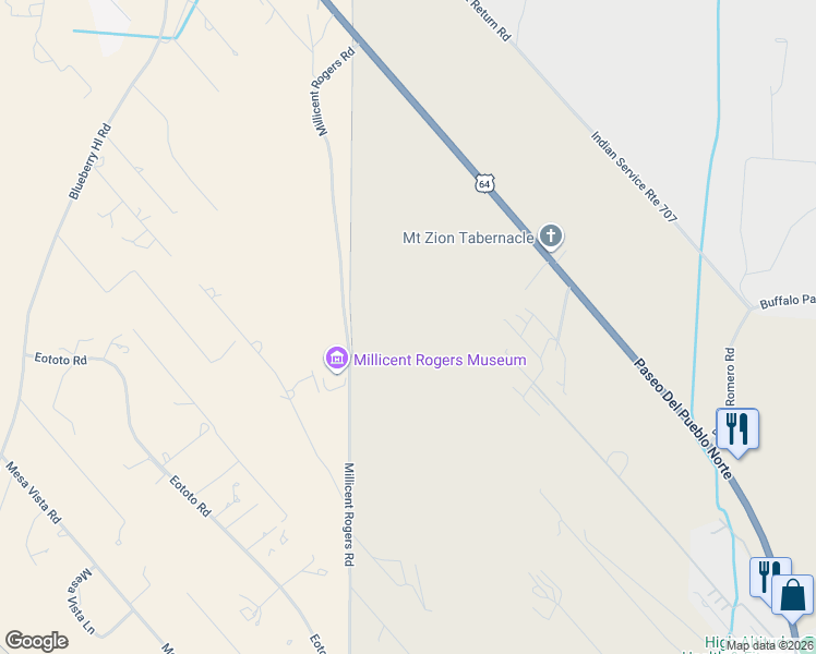 map of restaurants, bars, coffee shops, grocery stores, and more near 1601-1605 Millicent Rogers Road in El Prado