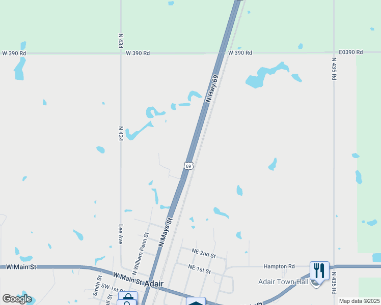 map of restaurants, bars, coffee shops, grocery stores, and more near U.S. 69 in Adair