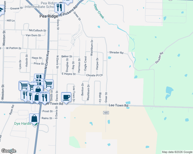 map of restaurants, bars, coffee shops, grocery stores, and more near 930 Choate Place Circle in Pea Ridge