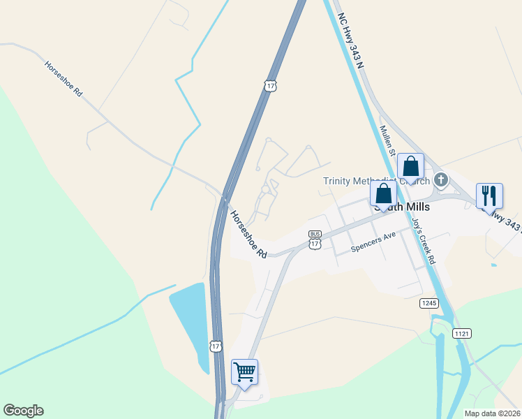 map of restaurants, bars, coffee shops, grocery stores, and more near 104-140 Horseshoe Road in South Mills