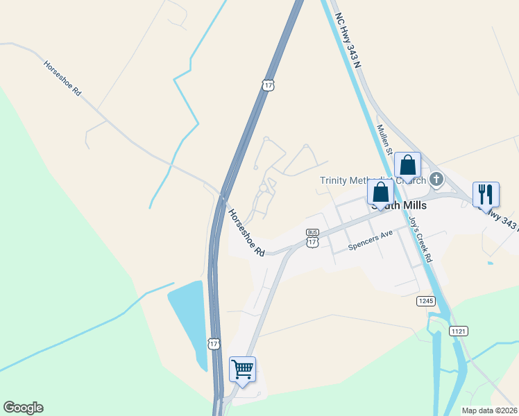 map of restaurants, bars, coffee shops, grocery stores, and more near 104-140 Horseshoe Road in South Mills