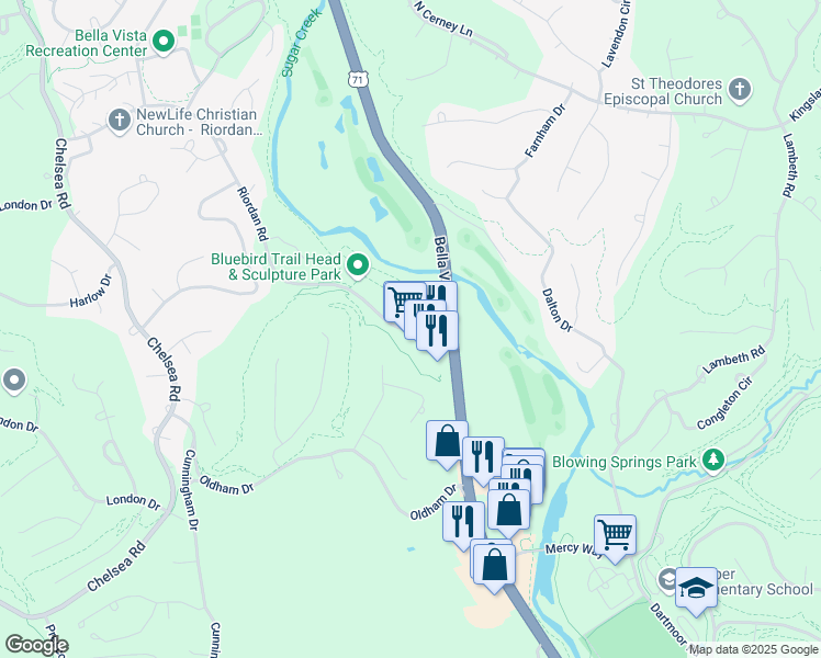 map of restaurants, bars, coffee shops, grocery stores, and more near 186 Riordan Road in Bella Vista