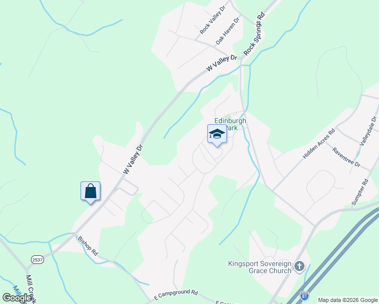 map of restaurants, bars, coffee shops, grocery stores, and more near 2413 Edinburgh Channel Road in Kingsport