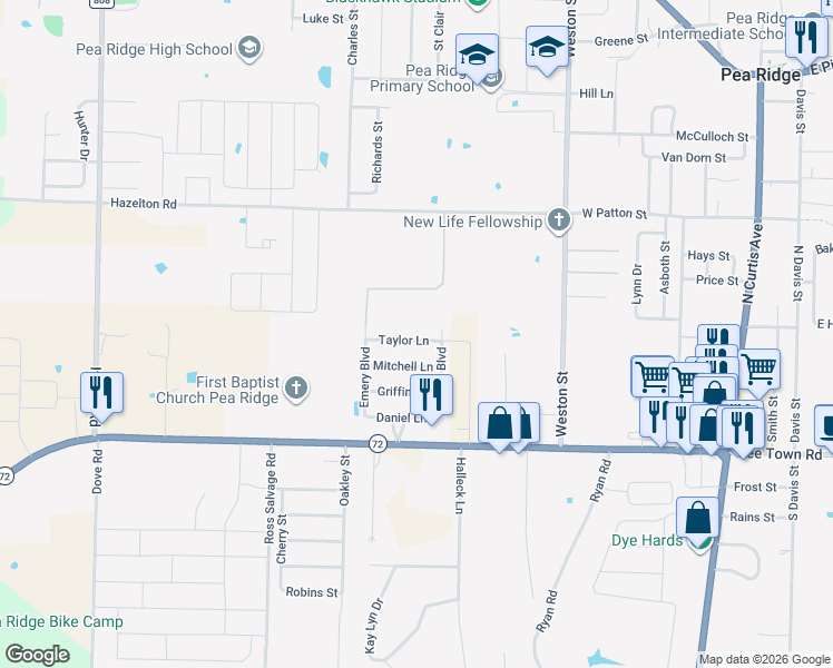 map of restaurants, bars, coffee shops, grocery stores, and more near 1003 Taylor Lane in Pea Ridge