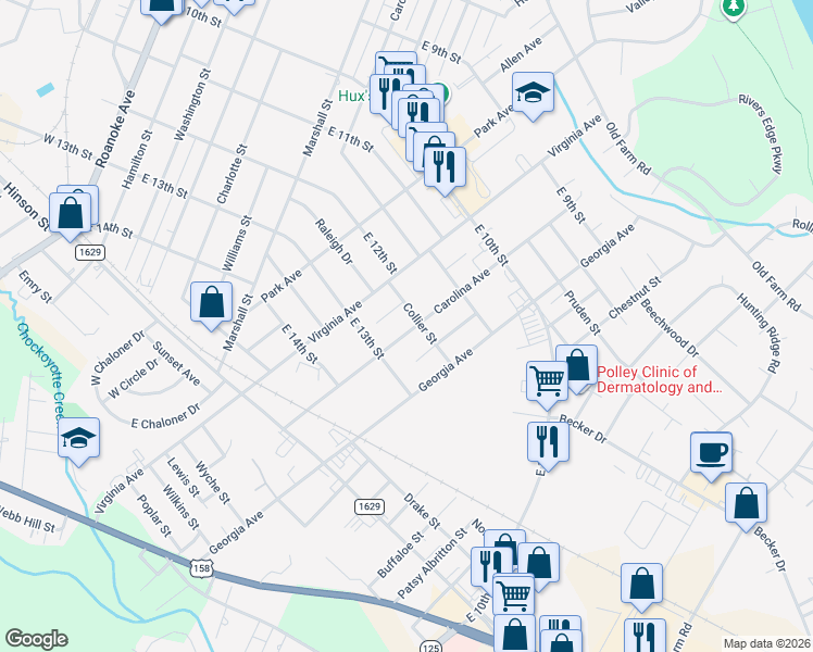 map of restaurants, bars, coffee shops, grocery stores, and more near 1203 Carolina Avenue in Roanoke Rapids