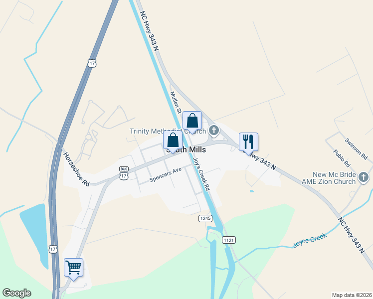 map of restaurants, bars, coffee shops, grocery stores, and more near in South Mills
