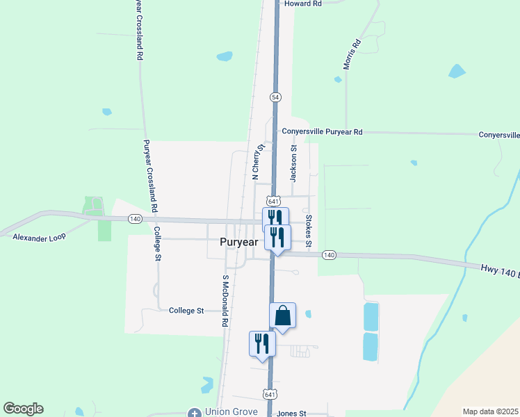 map of restaurants, bars, coffee shops, grocery stores, and more near 210 N Cherry St in Puryear