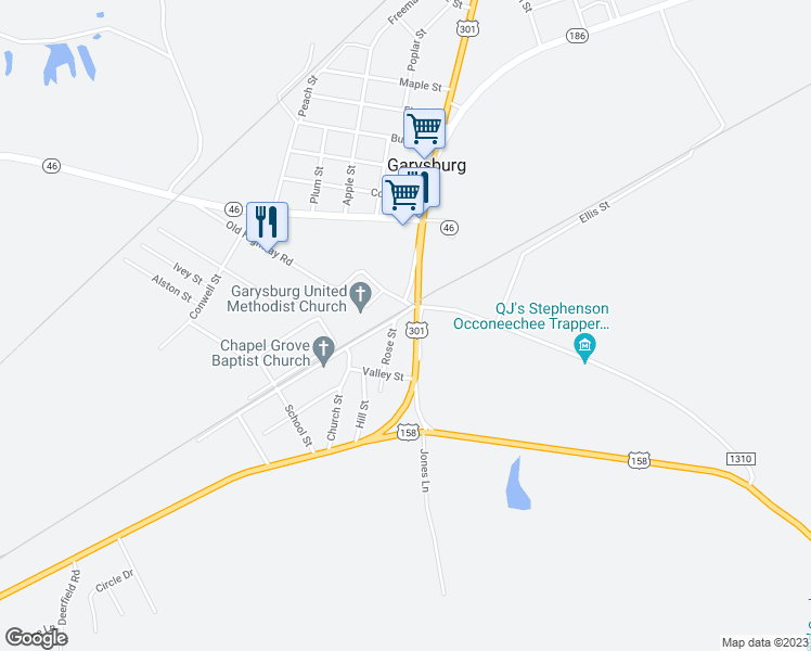 map of restaurants, bars, coffee shops, grocery stores, and more near 101 East Railroad Street in Garysburg