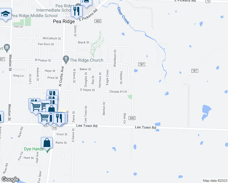 map of restaurants, bars, coffee shops, grocery stores, and more near 555 Washburn Drive in Pea Ridge