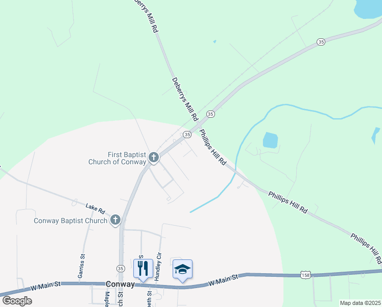 map of restaurants, bars, coffee shops, grocery stores, and more near 304 Field Drive in Conway