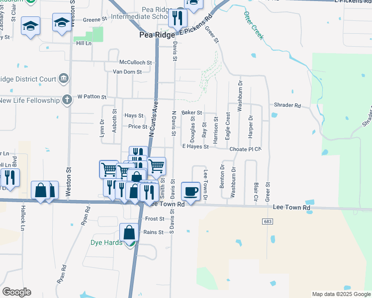 map of restaurants, bars, coffee shops, grocery stores, and more near 452 North Davis Street in Pea Ridge