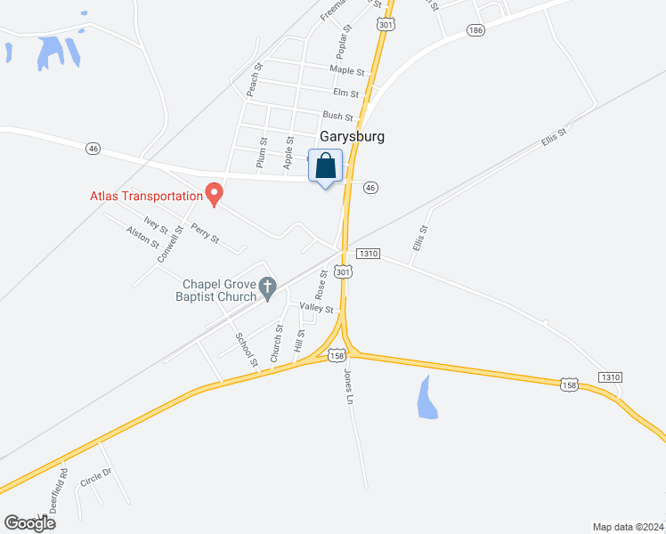 map of restaurants, bars, coffee shops, grocery stores, and more near 101 East Railroad Street in Garysburg