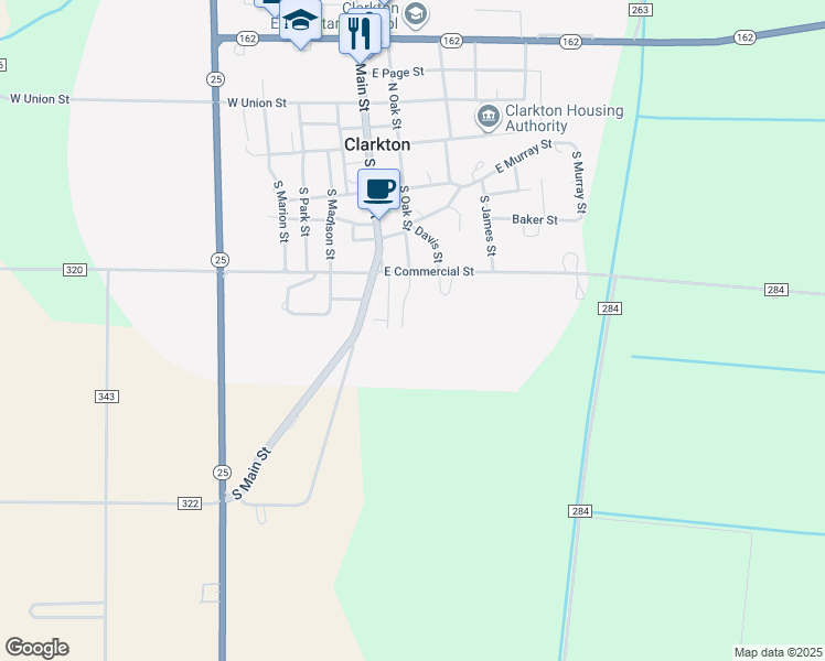 map of restaurants, bars, coffee shops, grocery stores, and more near 504 South Oak Street in Clarkton