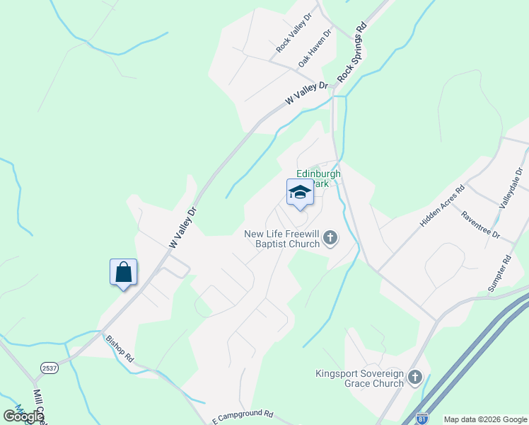 map of restaurants, bars, coffee shops, grocery stores, and more near 2413 Edinburgh Channel Road in Kingsport