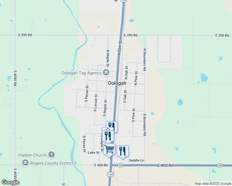 map of restaurants, bars, coffee shops, grocery stores, and more near 205 Elm Street in Oologah