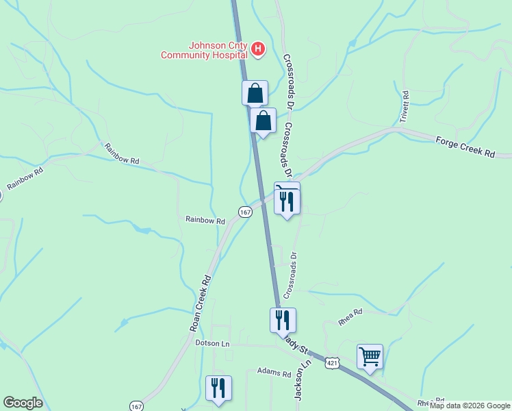 map of restaurants, bars, coffee shops, grocery stores, and more near 129 Roan Creek Road in Mountain City