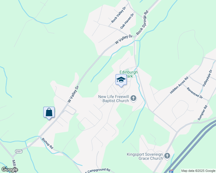 map of restaurants, bars, coffee shops, grocery stores, and more near 2404 Edinburgh Channel Road in Kingsport