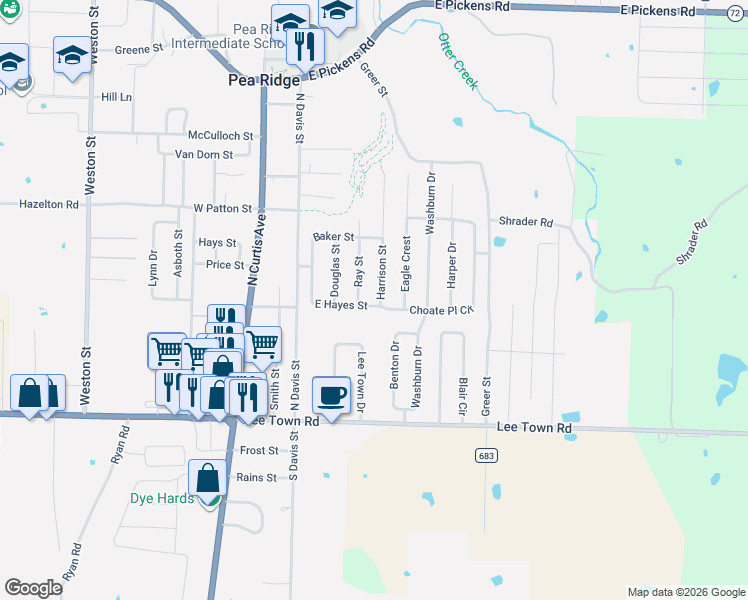map of restaurants, bars, coffee shops, grocery stores, and more near 555 Harrison Street in Pea Ridge