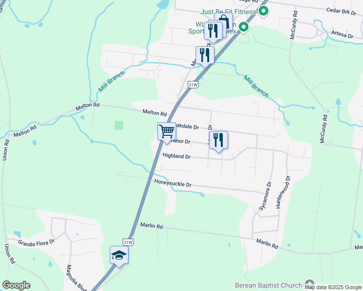 map of restaurants, bars, coffee shops, grocery stores, and more near 104 Cranor Drive in White House