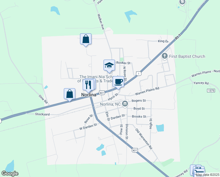 map of restaurants, bars, coffee shops, grocery stores, and more near 401 U.S. 1 in Norlina