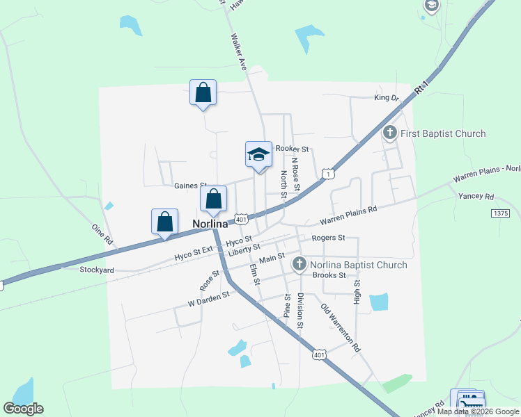 map of restaurants, bars, coffee shops, grocery stores, and more near 401 U.S. 1 in Norlina