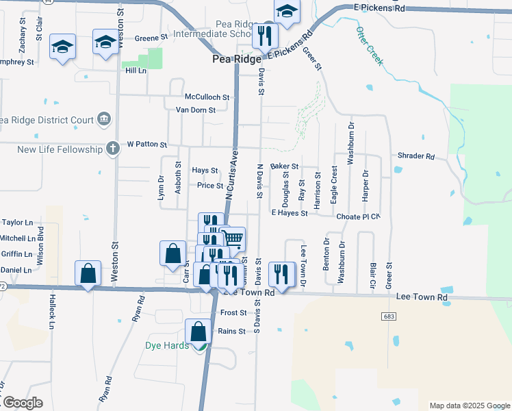 map of restaurants, bars, coffee shops, grocery stores, and more near 597 Smith Street in Pea Ridge