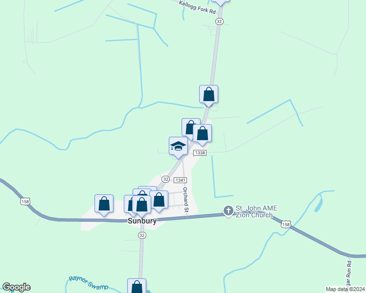 map of restaurants, bars, coffee shops, grocery stores, and more near 90 North Carolina 32 in Corapeake