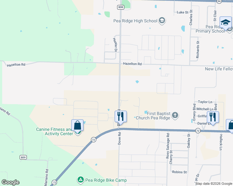 map of restaurants, bars, coffee shops, grocery stores, and more near 14593 It'll Do Road in Pea Ridge