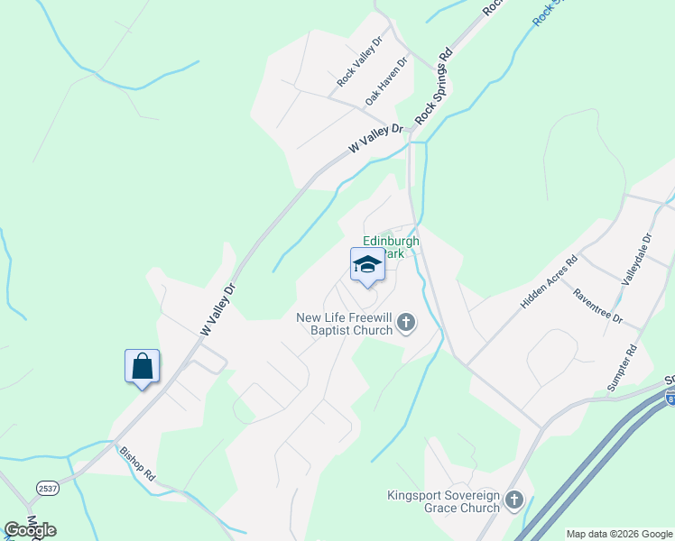 map of restaurants, bars, coffee shops, grocery stores, and more near 2358 Edinburgh Channel Road in Kingsport