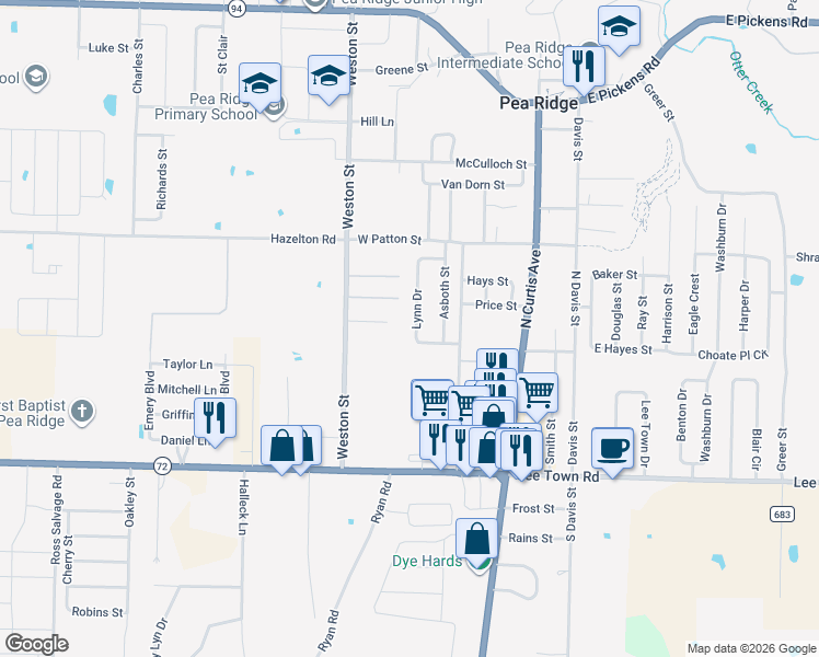 map of restaurants, bars, coffee shops, grocery stores, and more near 410 Nelson Court in Pea Ridge