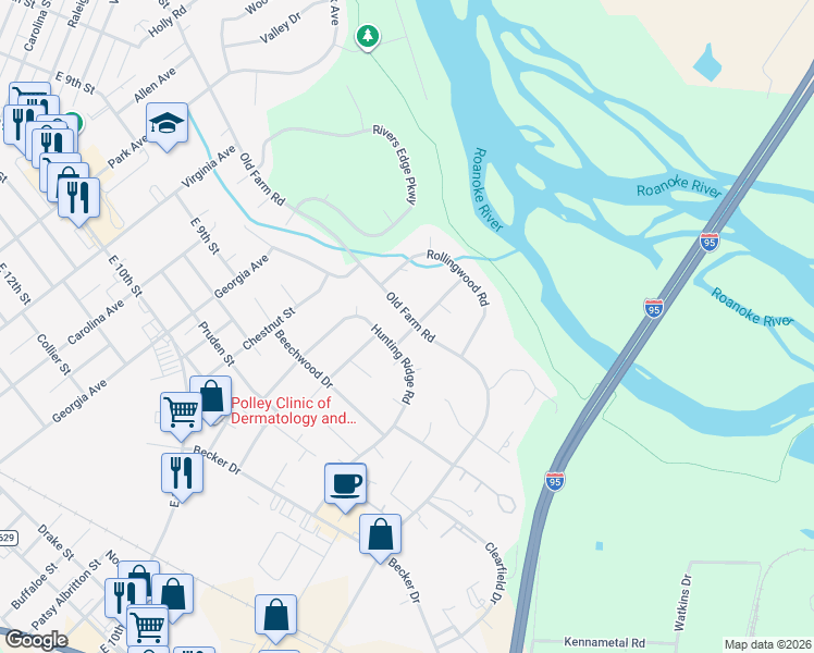 map of restaurants, bars, coffee shops, grocery stores, and more near 205 Dunshill Road in Roanoke Rapids