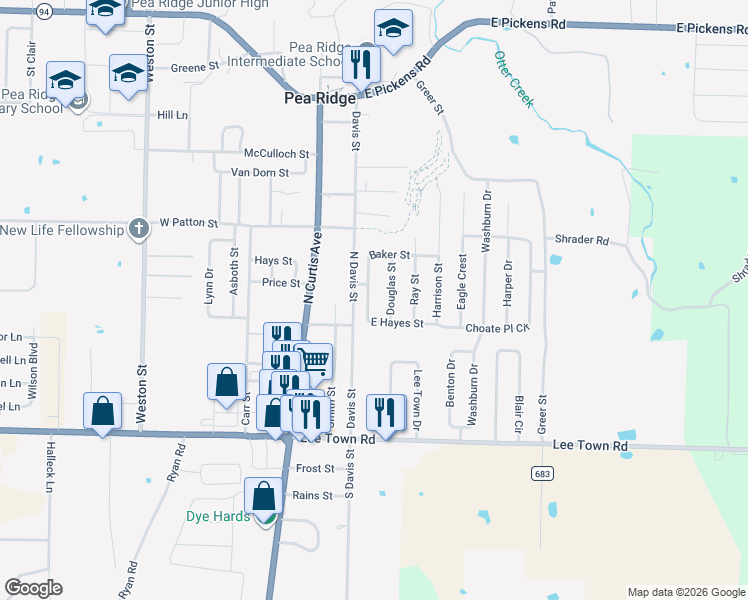 map of restaurants, bars, coffee shops, grocery stores, and more near 275 East Hayes Street in Pea Ridge
