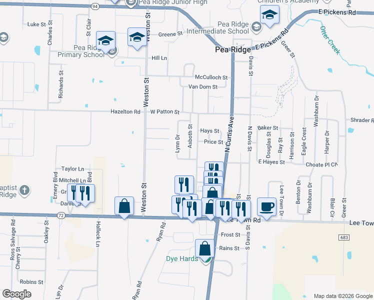 map of restaurants, bars, coffee shops, grocery stores, and more near 625 Asboth Street in Pea Ridge