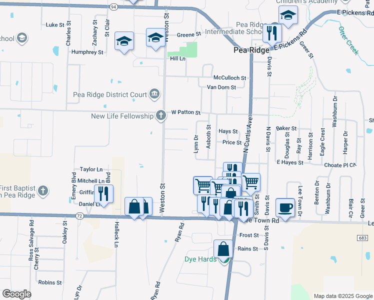 map of restaurants, bars, coffee shops, grocery stores, and more near 410 Nelson Court in Pea Ridge