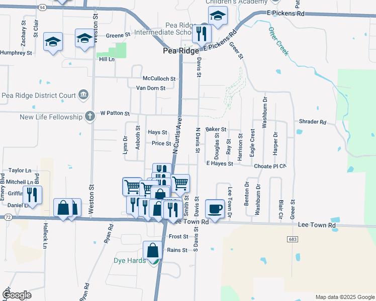 map of restaurants, bars, coffee shops, grocery stores, and more near 597 Smith Street in Pea Ridge
