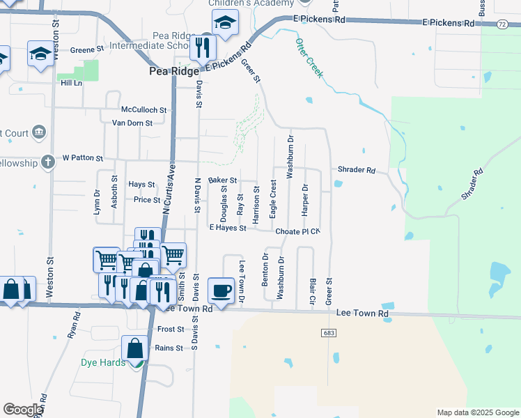map of restaurants, bars, coffee shops, grocery stores, and more near 650 Harrison Street in Pea Ridge