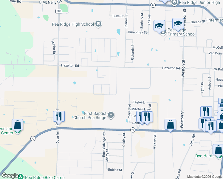 map of restaurants, bars, coffee shops, grocery stores, and more near 505 Emery Boulevard in Pea Ridge