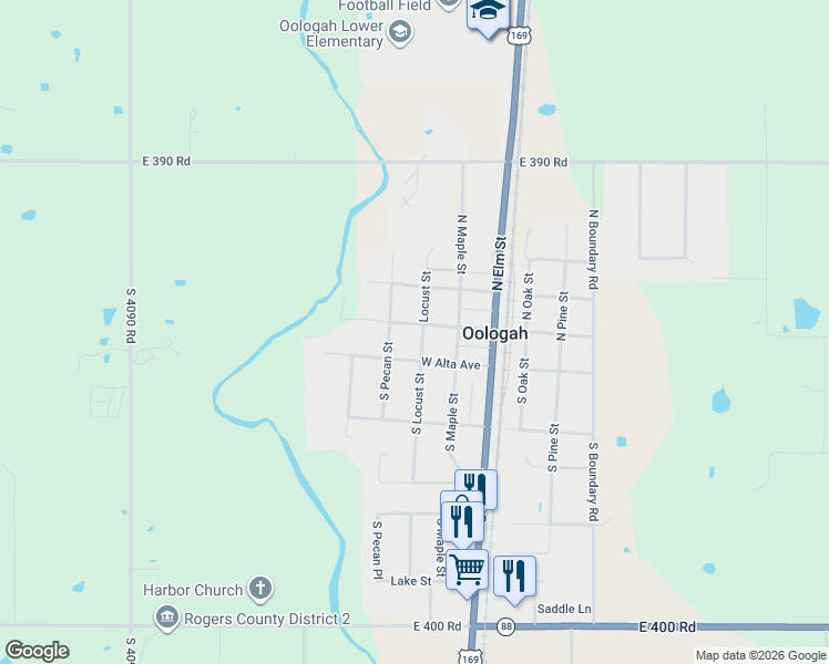 map of restaurants, bars, coffee shops, grocery stores, and more near 325 West Cooweescoowee Avenue in Oologah