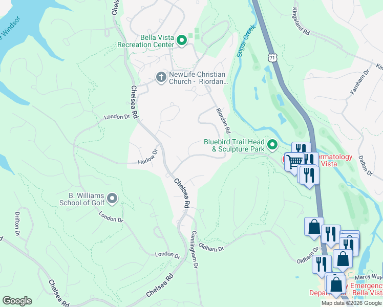 map of restaurants, bars, coffee shops, grocery stores, and more near 2 Rosedale Lane in Bella Vista