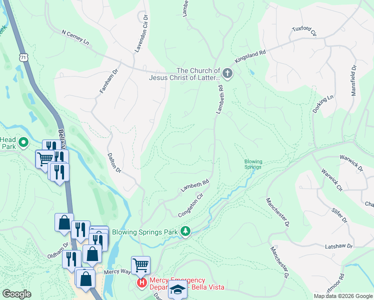map of restaurants, bars, coffee shops, grocery stores, and more near 4 Rudston Lane in Bella Vista
