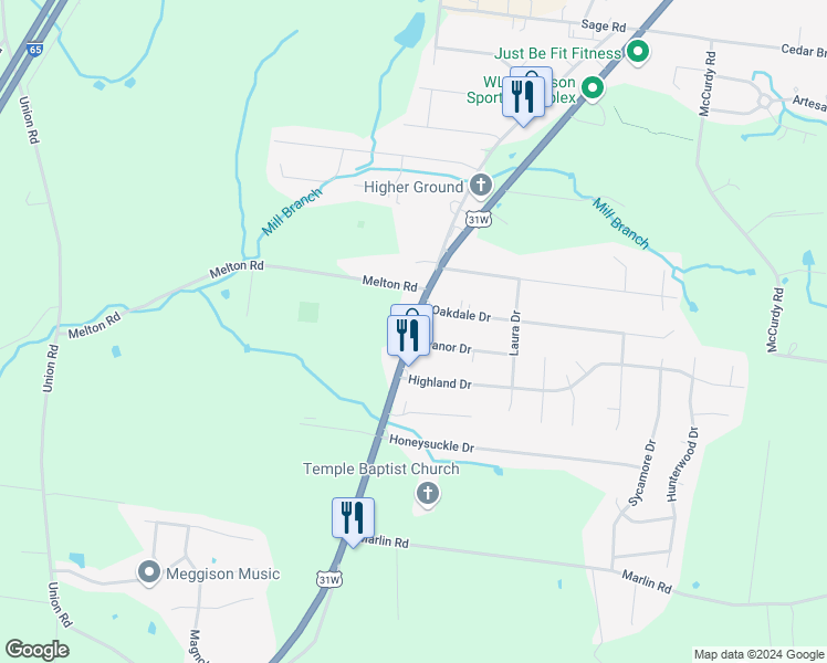 map of restaurants, bars, coffee shops, grocery stores, and more near 2606 Highway 31 West in White House