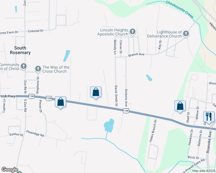 map of restaurants, bars, coffee shops, grocery stores, and more near 170 Harrison Street in Roanoke Rapids