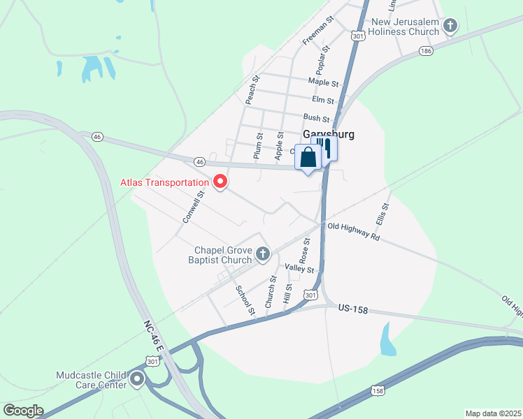 map of restaurants, bars, coffee shops, grocery stores, and more near State Road 1207 in Garysburg