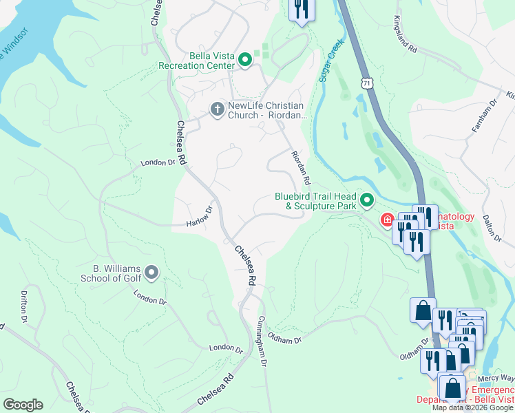 map of restaurants, bars, coffee shops, grocery stores, and more near 2 Rosedale Lane in Bella Vista
